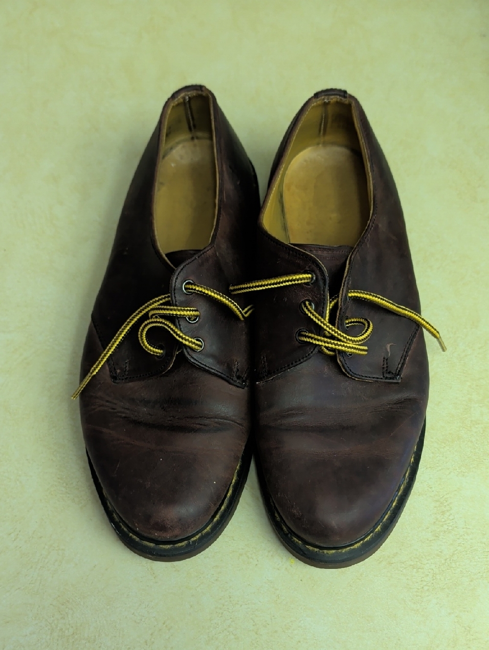 Dr. Martens Brown Leather Derby Vintage Shoes with Yellow Laces